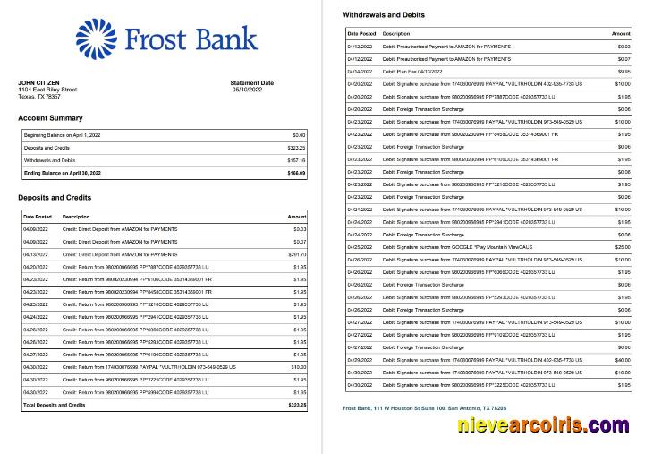 USA Frost bank statement, 2 pages